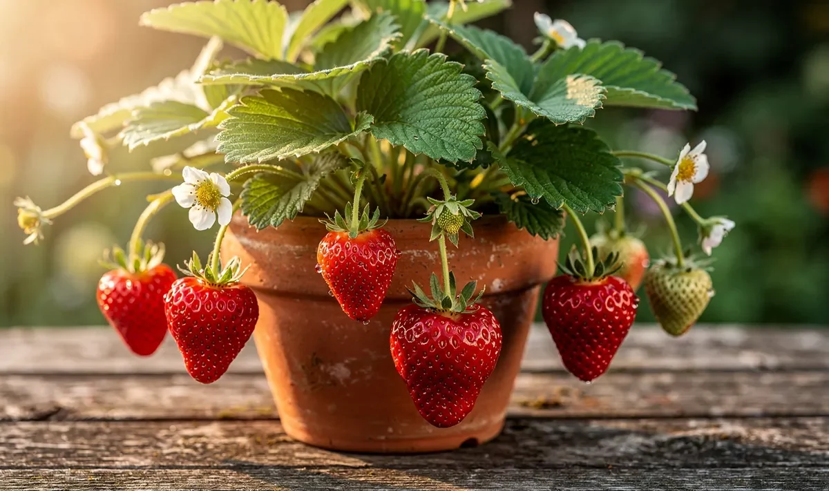 Fraises mûres sur un plant de fraisier dans un pot en terre cuite, gouttes de rosée du matin