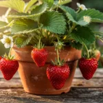 Fraises mûres sur un plant de fraisier dans un pot en terre cuite, gouttes de rosée du matin