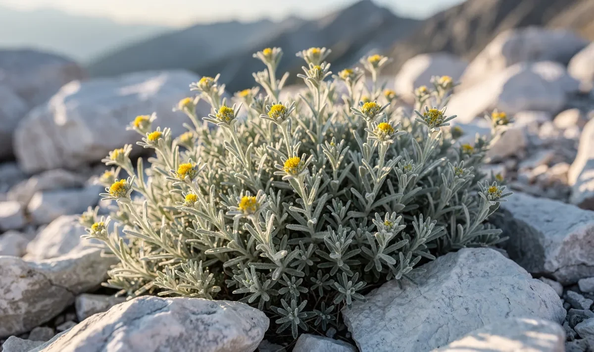 Génépi plante en fleurs jaunes sur un éboulis alpin ensoleillé