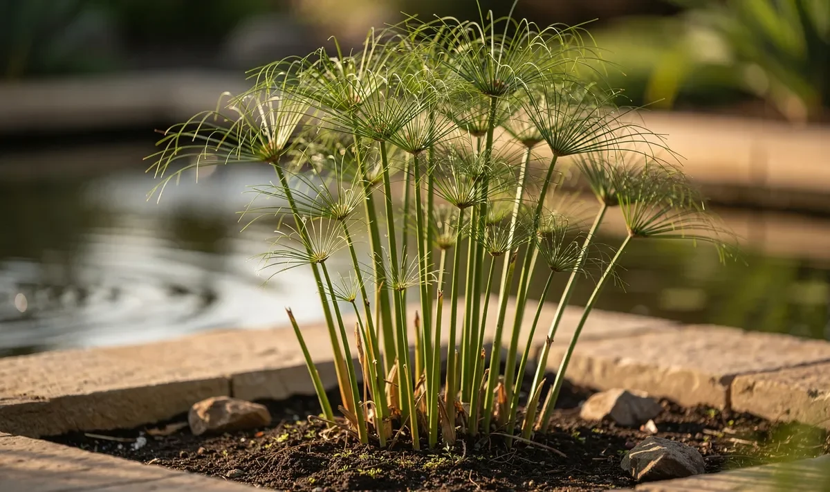 Papyrus la plante en touffe verte au bord d'un bassin de jardin
