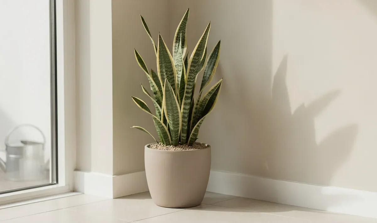 Langue de belle-mère sansevieria en pot près d’une fenêtre lumineuse