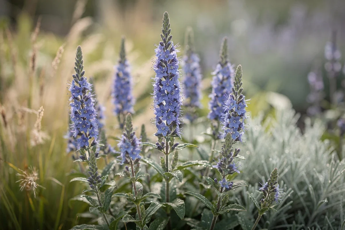 Plante véronique en fleurs bleues dans un massif naturel avec graminées et vivaces mellifères