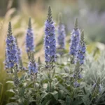Plante véronique en fleurs bleues dans un massif naturel avec graminées et vivaces mellifères