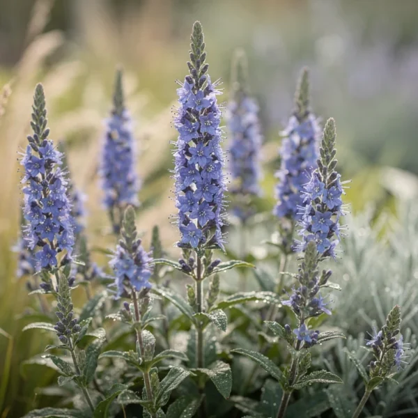 Plante véronique en fleurs bleues dans un massif naturel avec graminées et vivaces mellifères