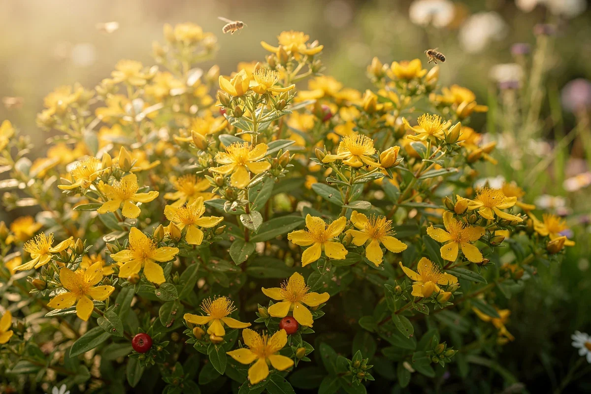 Millepertuis en fleurs jaunes dans un massif naturel, avec feuillage vert et baies décoratives en arrière-plan