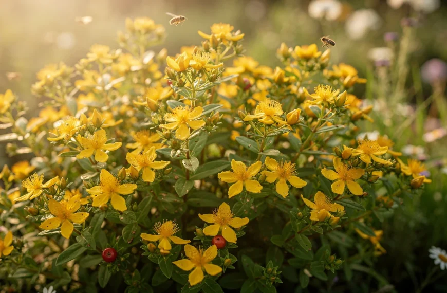 Millepertuis en fleurs jaunes dans un massif naturel, avec feuillage vert et baies décoratives en arrière-plan